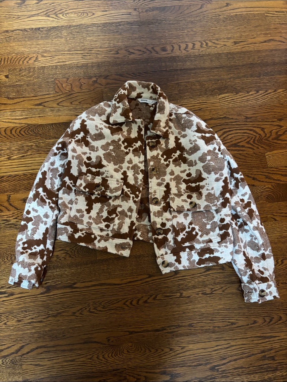 Sonoma Brown and Cream Cow Print Patterned Cropped Jean Jacket